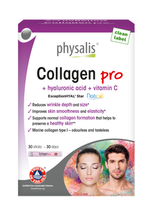 КОЛАГЕН ПРО + Хиалуронова киселина + Витамин С - 30 сашета – Physalis за здрава кожа, гладкост и еластичност, без глутен и лактоза.