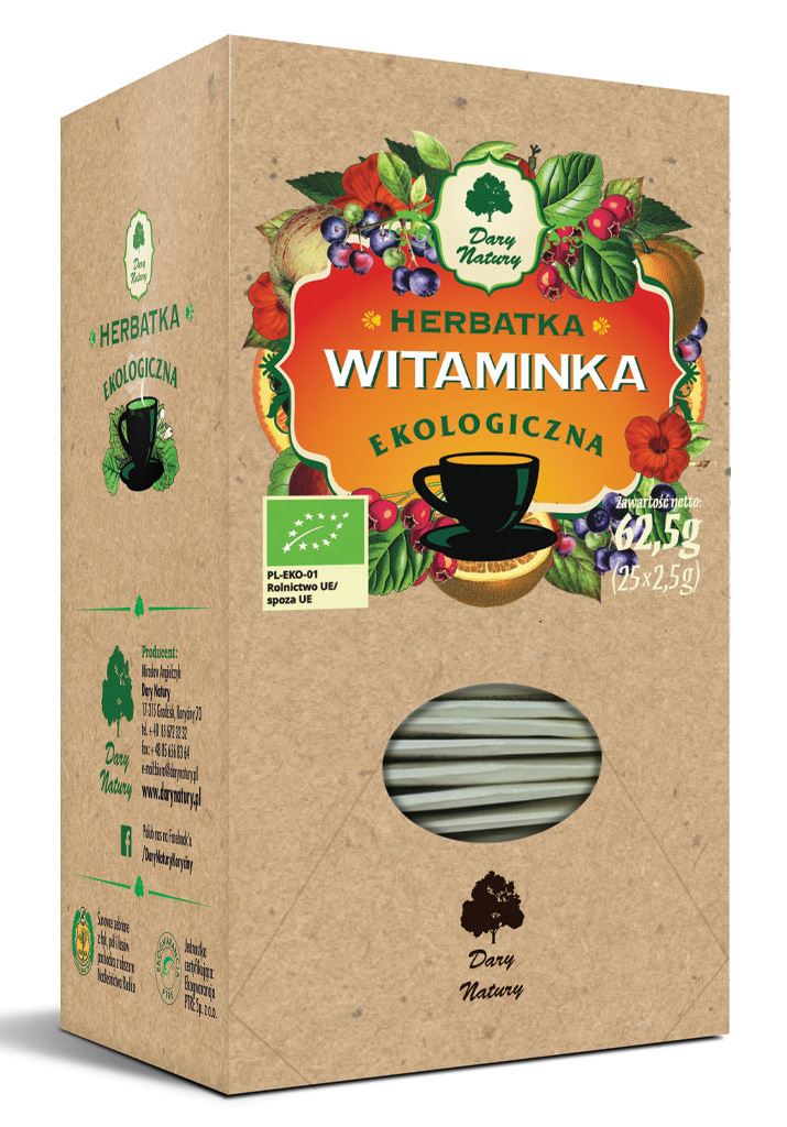 Био чай Витаминка (25 x 2,5 г) 62,5 г - Dary Natury, органичен чай от арония, хибискус и сушен портокал, сертифициран органичен продукт.