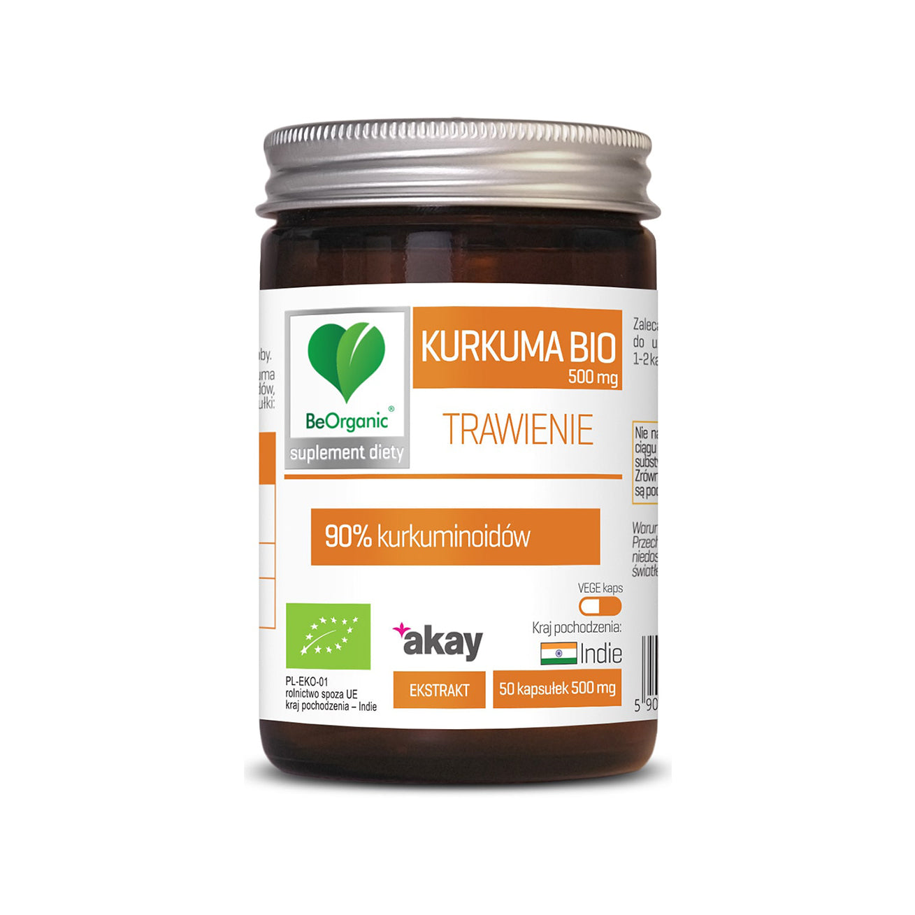 Био Куркума Екстракт 90% куркуминоиди - 50 капс. х 500мг - BeOrganic, екологично сертифицирани добавки, веган, без лактоза, Индия.
