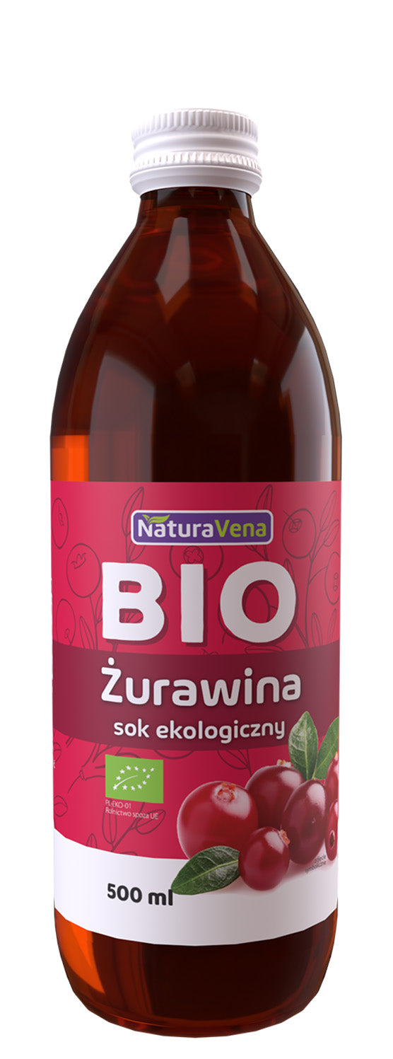 Био сок от червена боровинка 100% - 500мл - NaturaVena, антиоксиданти, имунна система, клетъчно здраве, кисел вкус, здраве на мозъка.