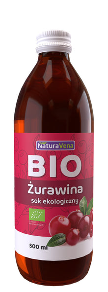 Био сок от червена боровинка 100% - 500мл - NaturaVena, антиоксиданти, имунна система, клетъчно здраве, кисел вкус, здраве на мозъка.