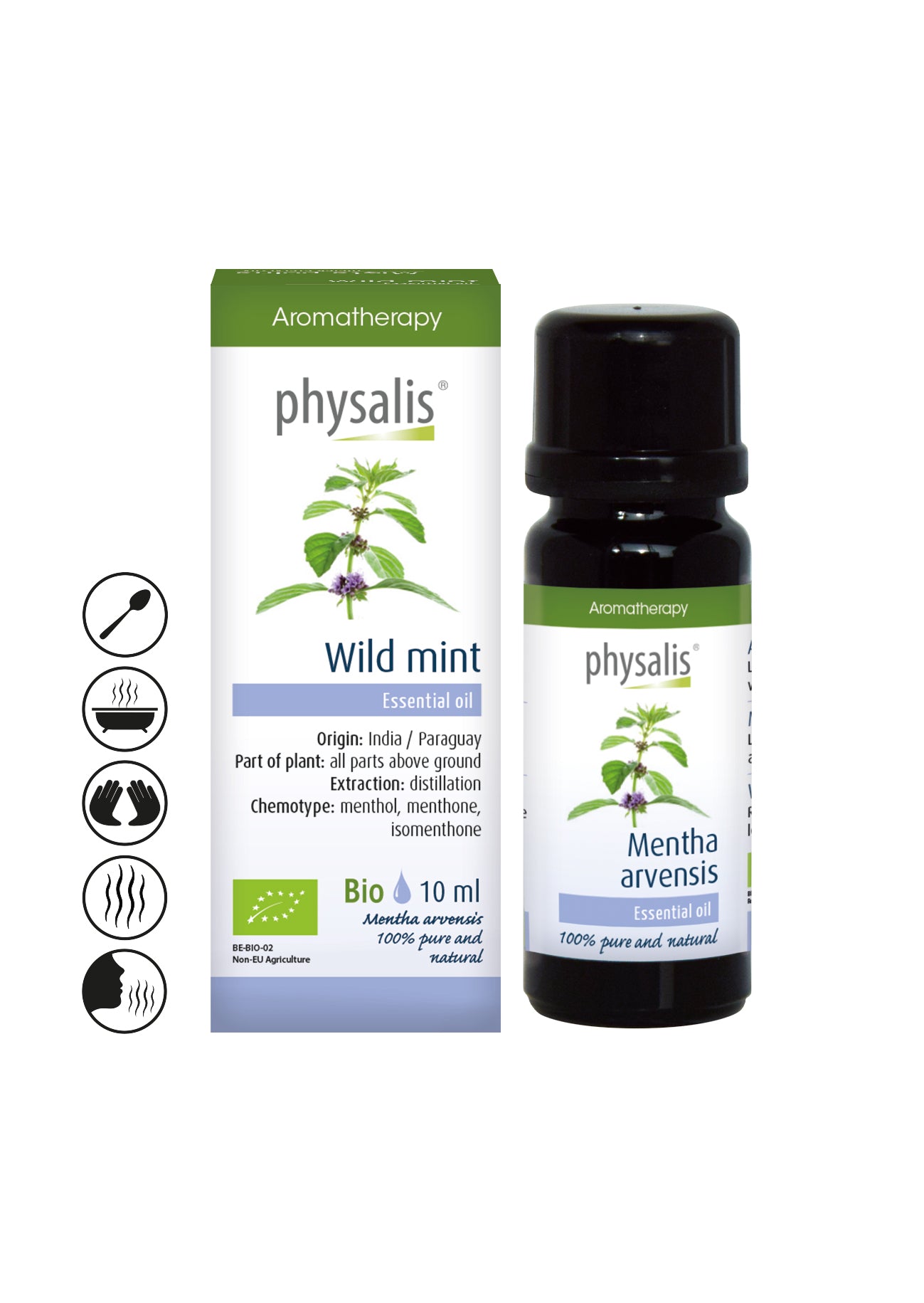 Био етерично масло от Дива мента 10мл - Physalis, ментол, свежест, дихателни пътища, концентрация, Индия