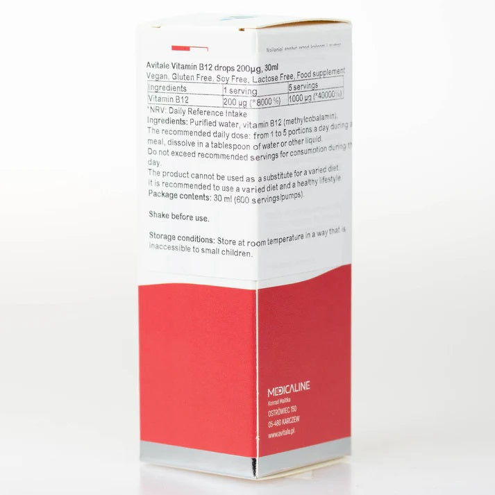 ВИТАМИН В12 - 30мл - Avitale - хранителна добавка, метилкобаламин на капки за вегани, подпомага червени кръвни клетки, мозъчна функция.